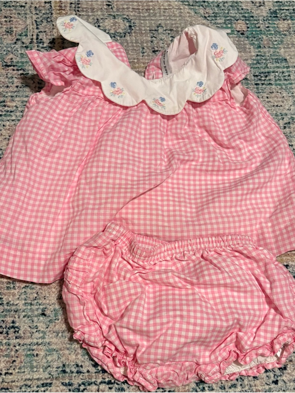 Pink Gingham Baby Dress & Bloomer Set - Floral Collar